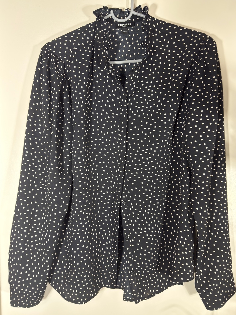 Express Black Button-Down Shirt with White Polka Dots